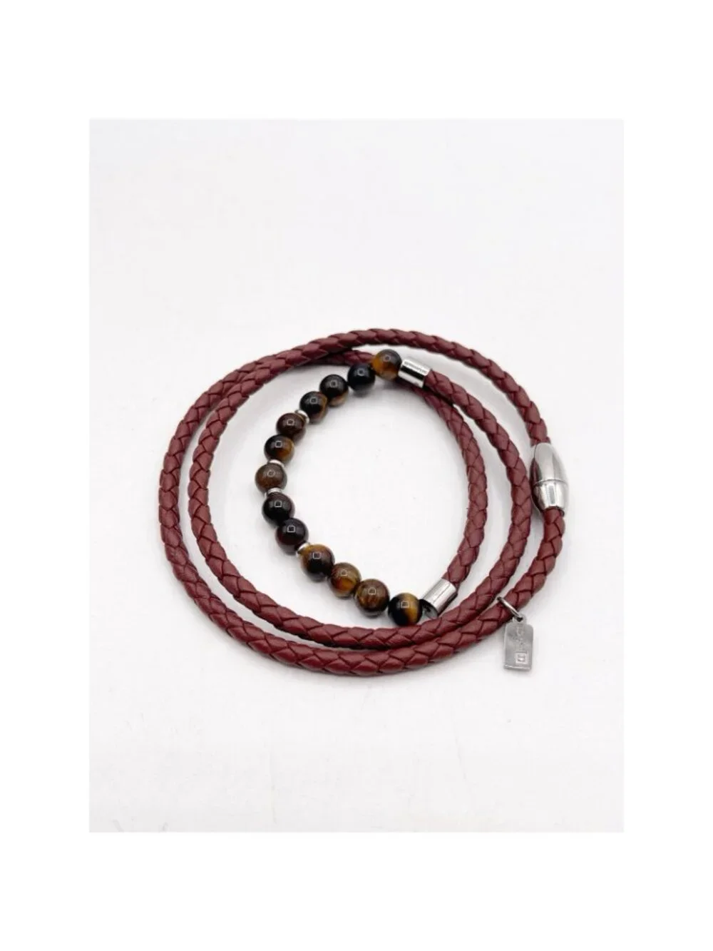 He Rocks Tiger Eye Bead Brown Braided Leather Wrap Bracelet Magnetic Clasp
